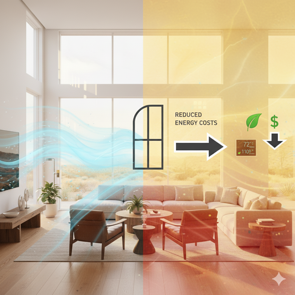 Hyperrealistic living room in a Summerlin home with energy-efficient windows, showing bright natural light, cool indoor comfort, and reduced heat from outside.