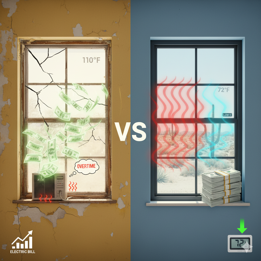 Photorealistic comparison of windows: the left shows an old, cracked window with money and heat escaping (110°F outside, AC working overtime, high electric bill). The right shows a modern, energy-efficient window with Low-E coating, reflecting desert heat (72°F inside), saving money and energy. Illustrates energy efficiency difference in Las Vegas.